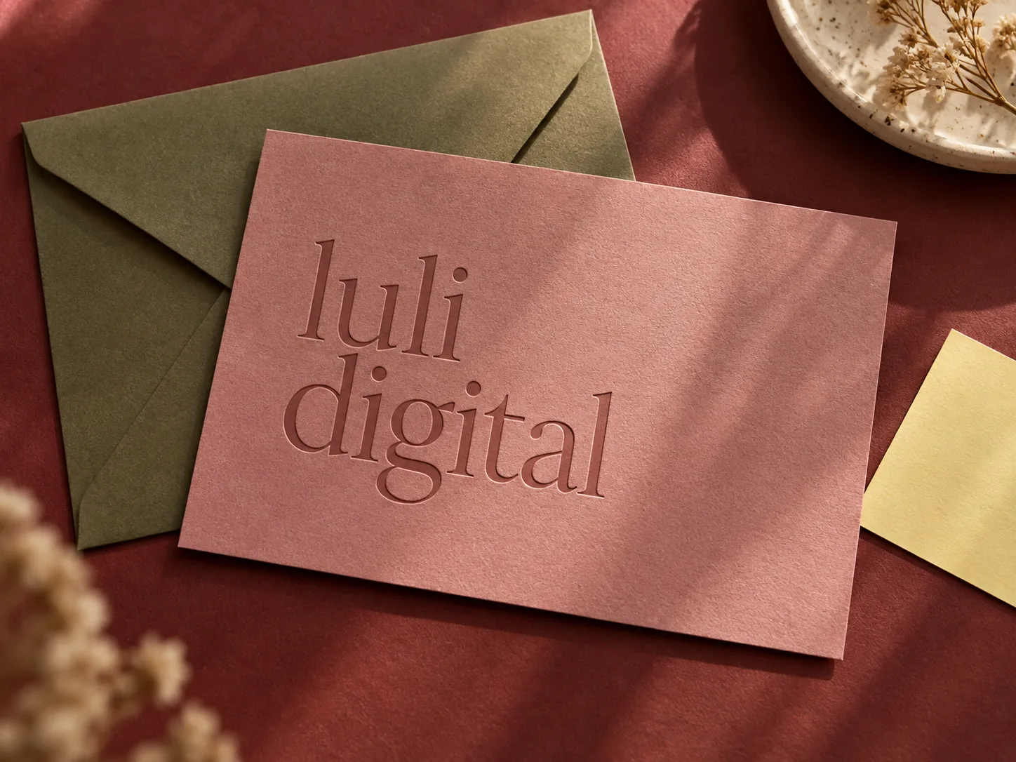 Exploración de Luli Digital: papelería salmón y sobre verde sobre una superficie bordó
