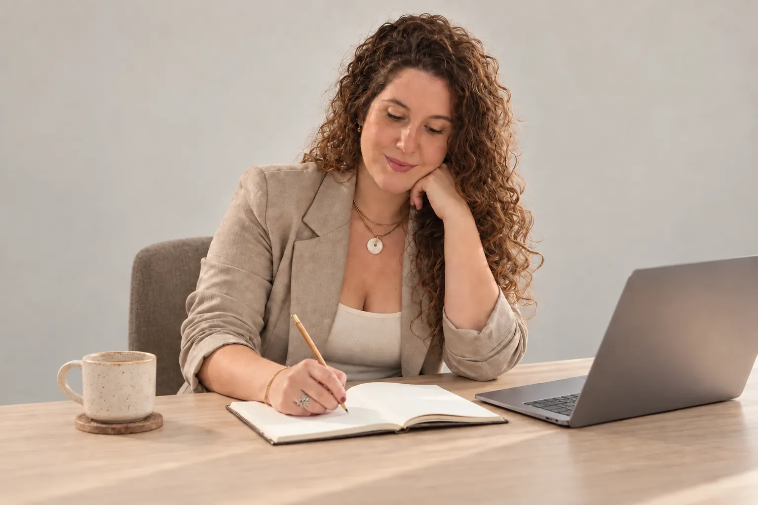 Lucía planificando ideas y contenido en su escritorio